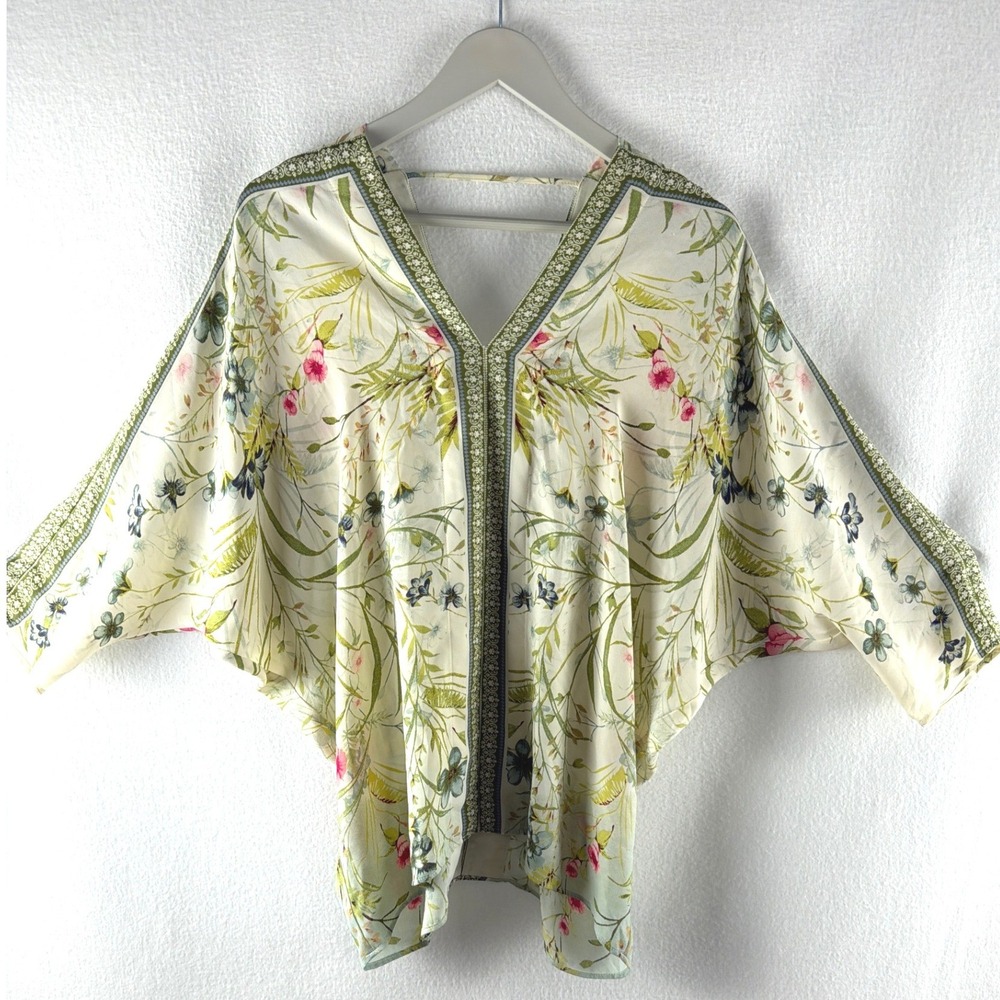 Rose + Olive Floral Kimono Top Ivory Green V-Neck Dolman Sleeve Boho Small